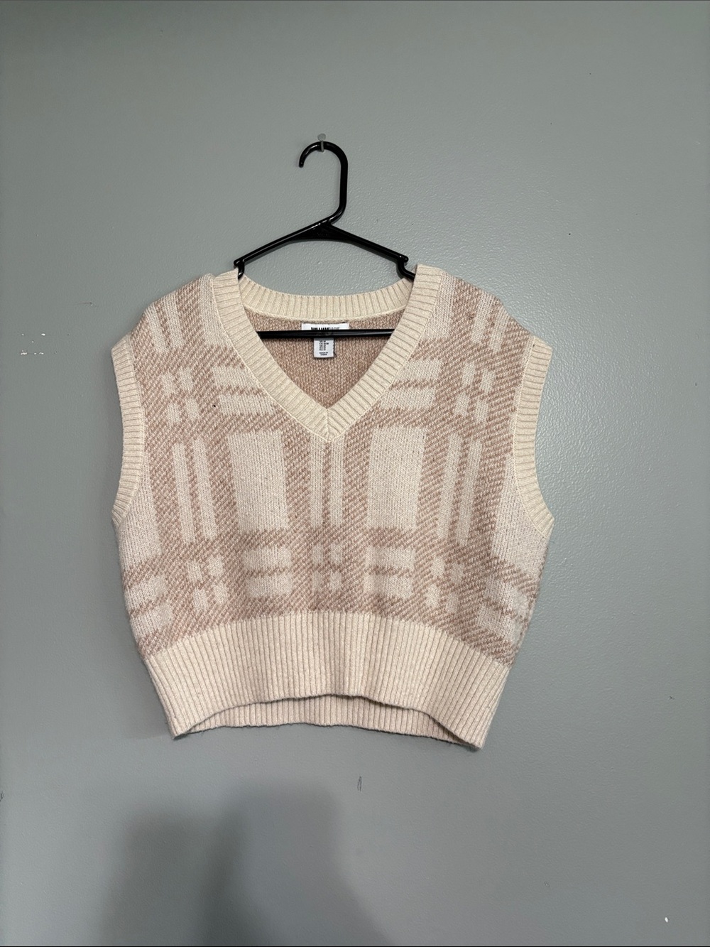 William Rast Cream and Light Brown Plaid V-Neck Sweater Vest